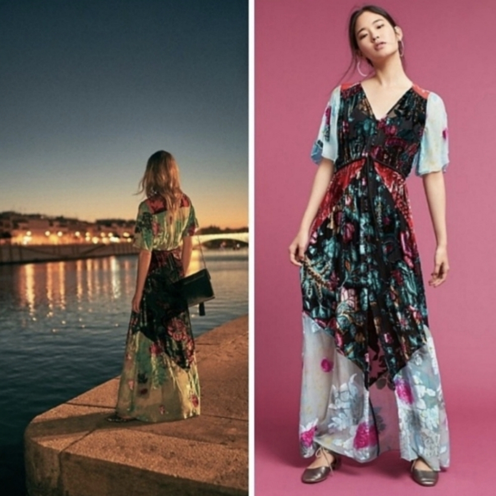 Anthropologie Beaded Burnout Velvet Kimono Wrap Maxi Dress Hale Bob Evensong
